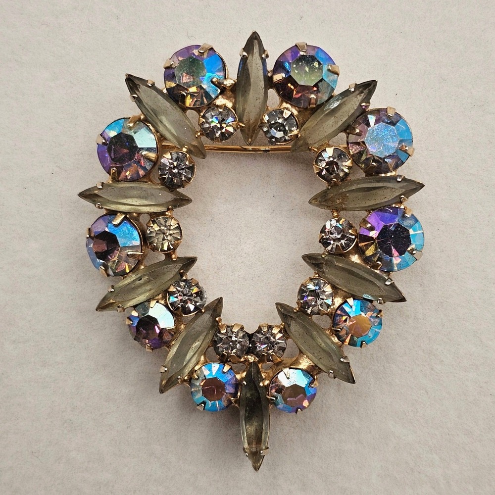 Vintage Juliana D&E AB Rhinestone Brooch Pendant‎ Smoky Navette Wreath *NOTE